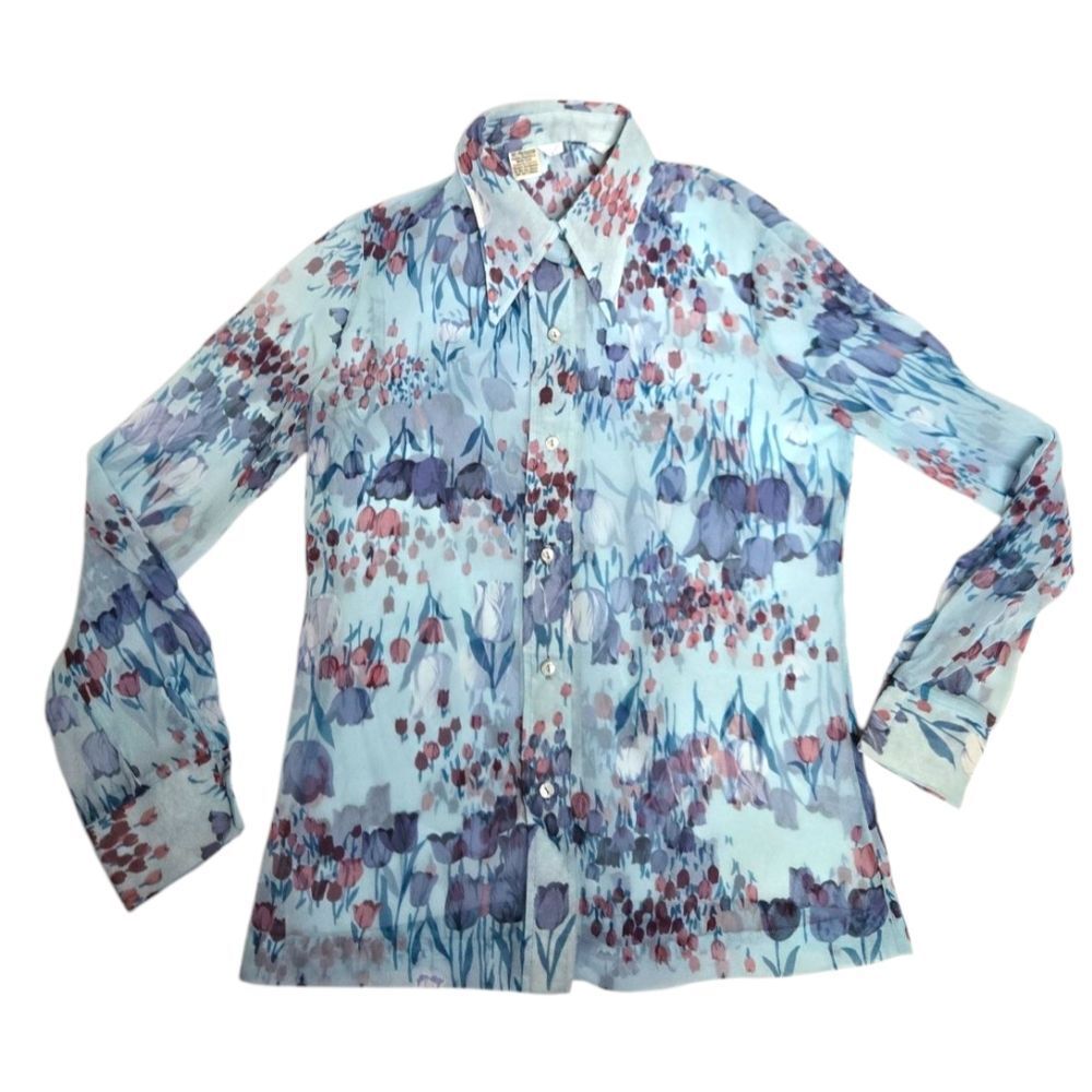 VINTAGE 70s sheer floral disco pointed collar button up top blouse deadstock S